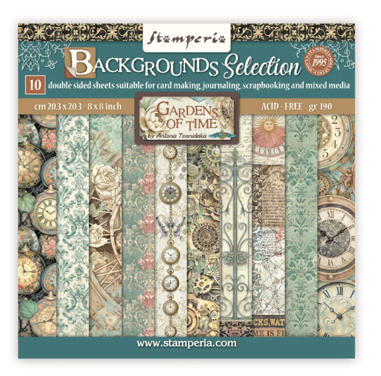 Stamperia - Gardens of Time 8 inch Backgrounds Selection