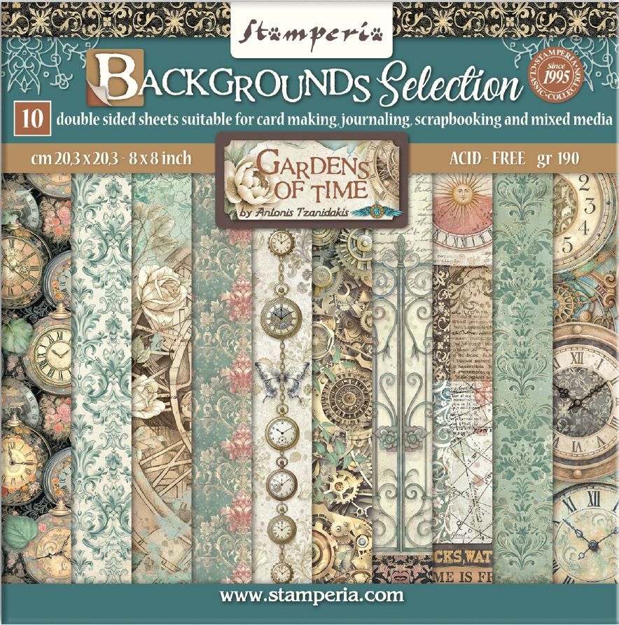 Stamperia - Gardens of Time 8 inch Backgrounds Selection